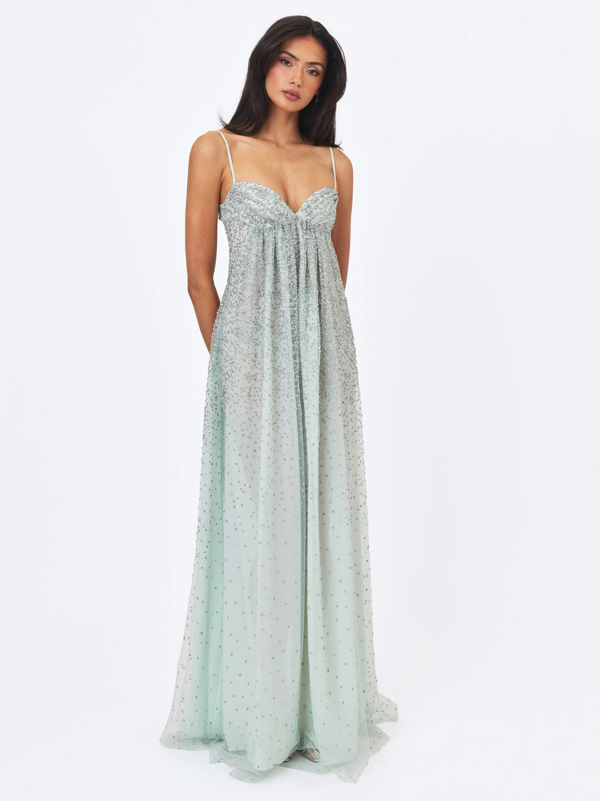 Wallie Mint Rhinestone Embellished Mesh Backless Gown