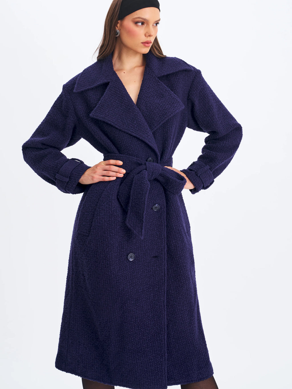Jaelyn Midnight Blue Wool Blend Double Breasted Belted Coat