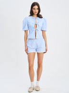Qusayla Baby Blue Gingham Cotton Bubble Sleeve Bowtie Top