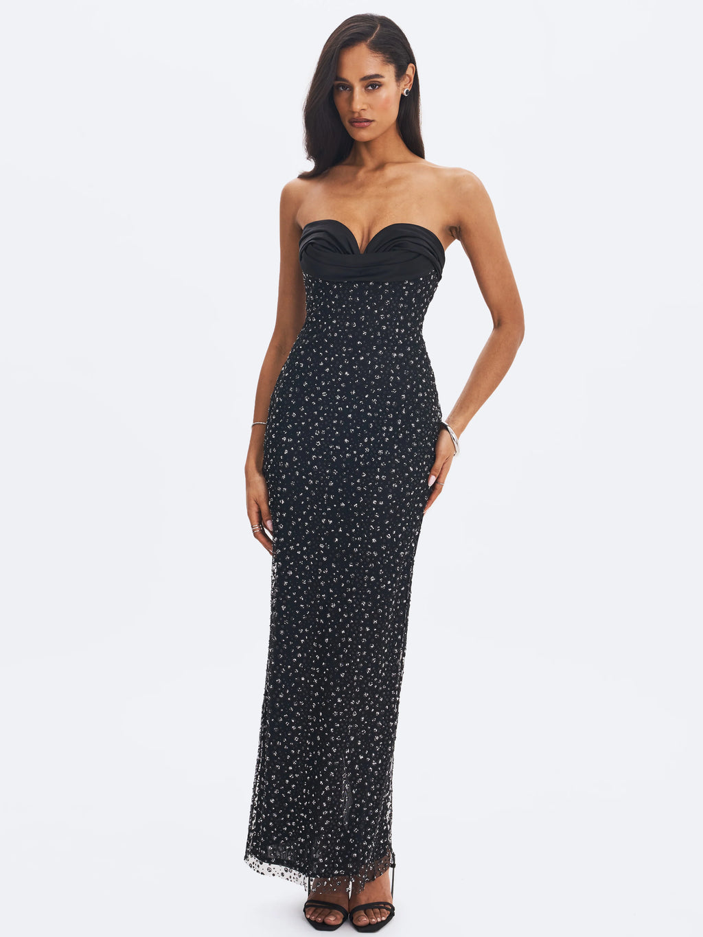 Preslie Black Satin Crystal Mesh Sheath Maxi Dress