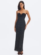 Preslie Black Satin Crystal Mesh Sheath Maxi Dress
