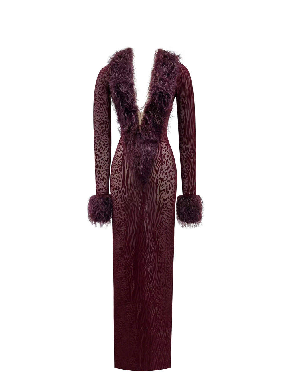 Luana Burgundy Plunging Fur Trimmed Burnout Mesh Maxi Dress