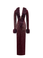 Luana Burgundy Plunging Fur Trimmed Burnout Mesh Maxi Dress