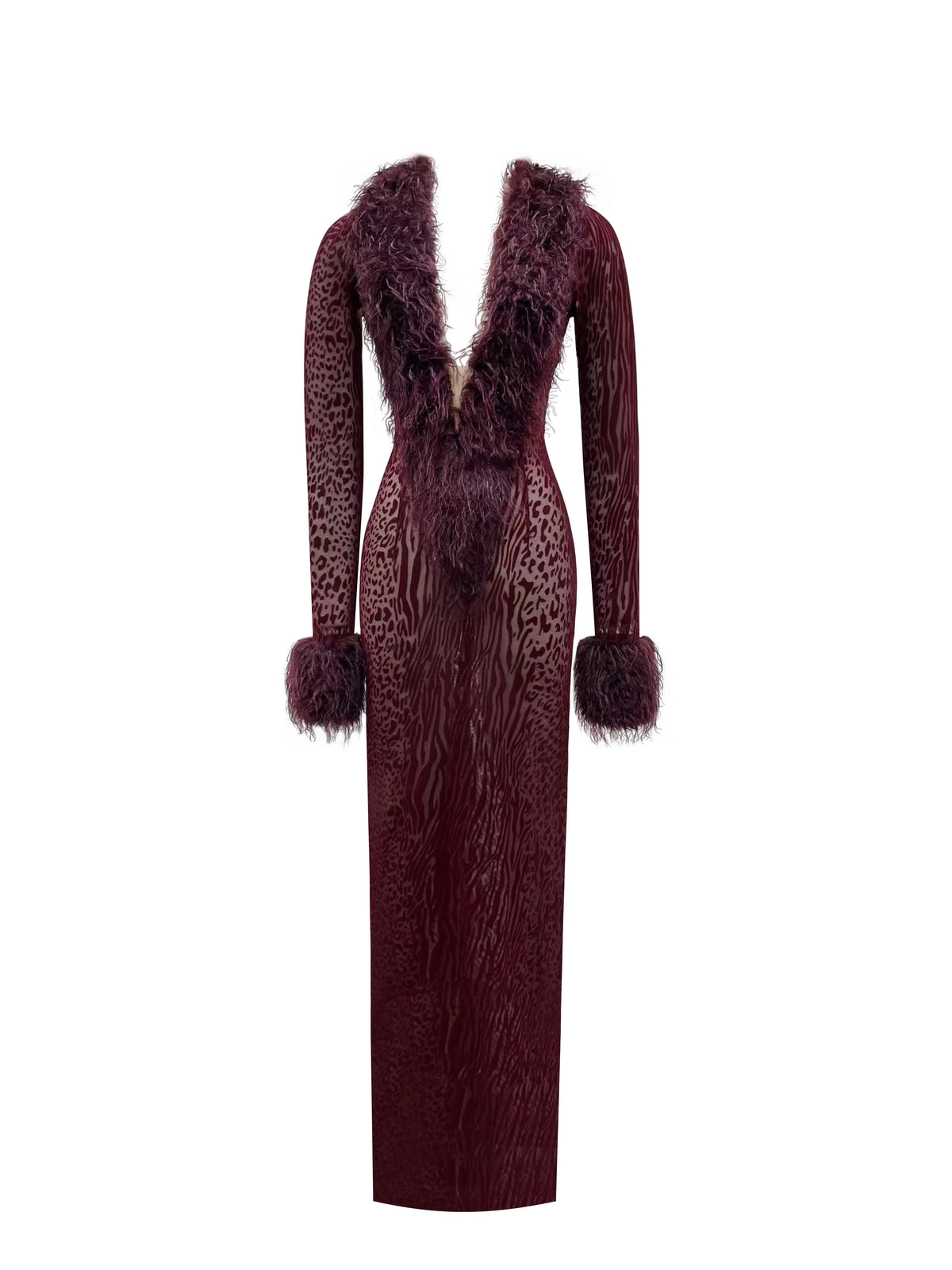 Luana Burgundy Plunging Fur Trimmed Burnout Mesh Maxi Dress