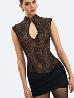 Valerie Black Lace Keyhole Ruched Mini Dress