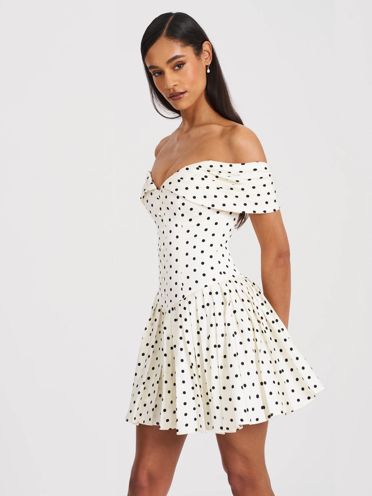 Edeline Polka Dot Off shoulder Pleated Mini Dress
