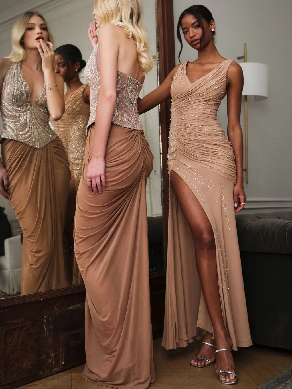 Viveca Apricot Crystal Embellished Asymmetrical Ruched Maxi Dress