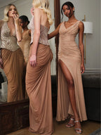 Viveca Apricot Crystal Embellished Asymmetrical Ruched Maxi Dress