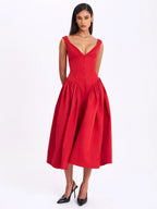 Nahla Red Drop Waist Midi Dress with Buttons