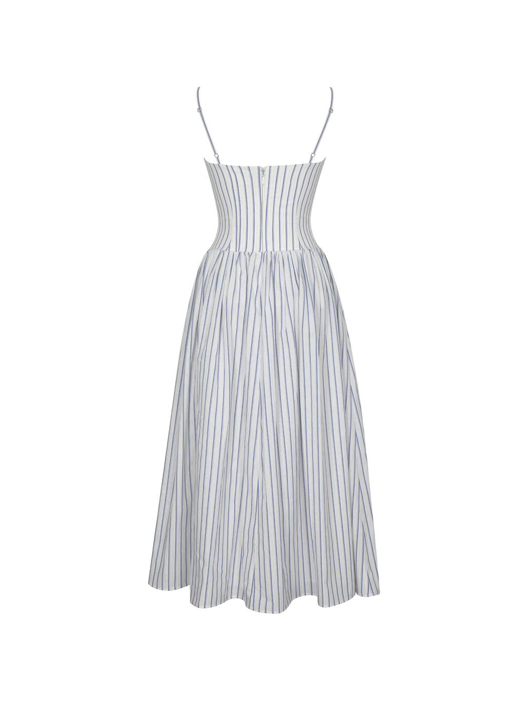 Olea Sky Blue Striped Cotton Poplin Ruched Midi Dress