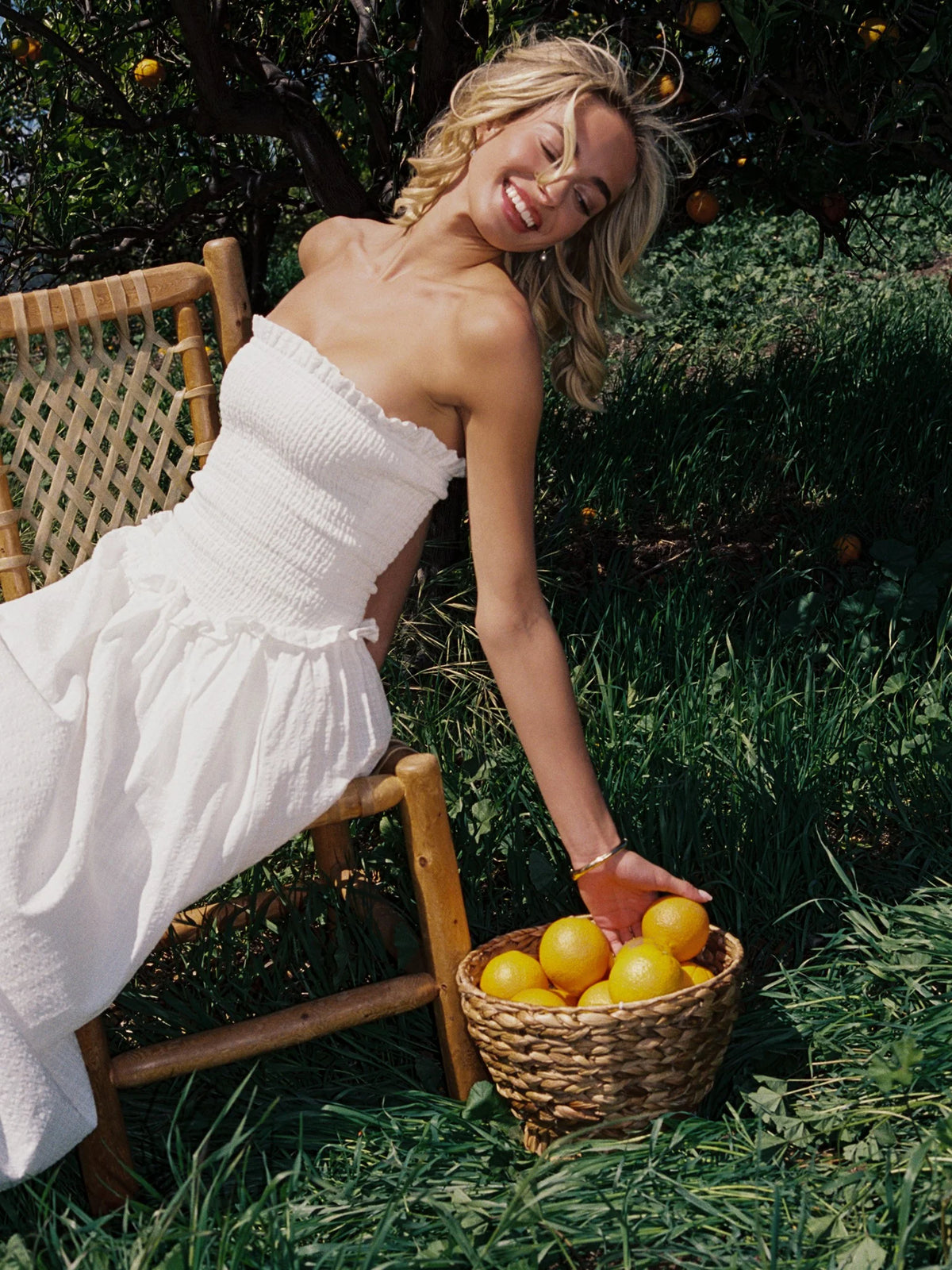 Quadiya White Cotton Seersucker Smocked Strapless Midi Dress Archive Sale
