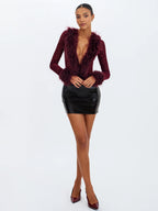 Valene Burgundy Burnout Velvet Fur Trim Bodysuit