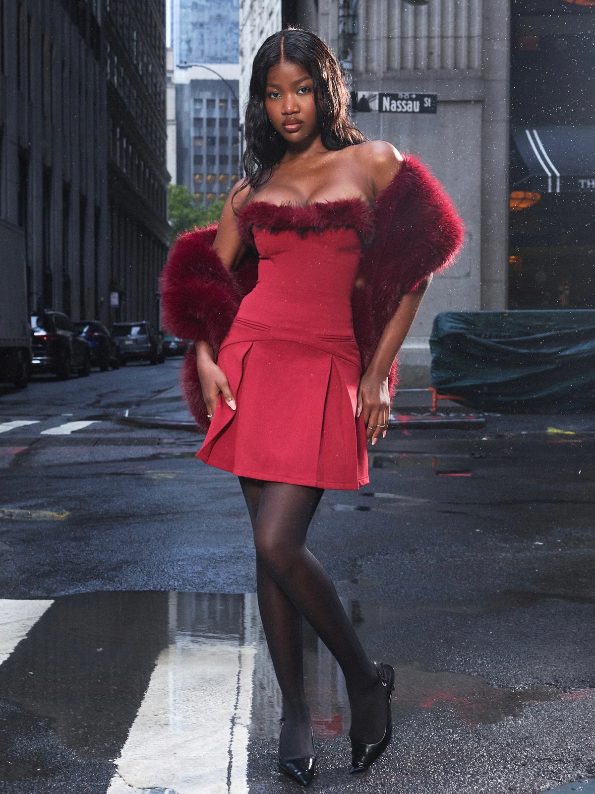 Nalia Crimson Fur Trimmed Sweetheart Mini Dress