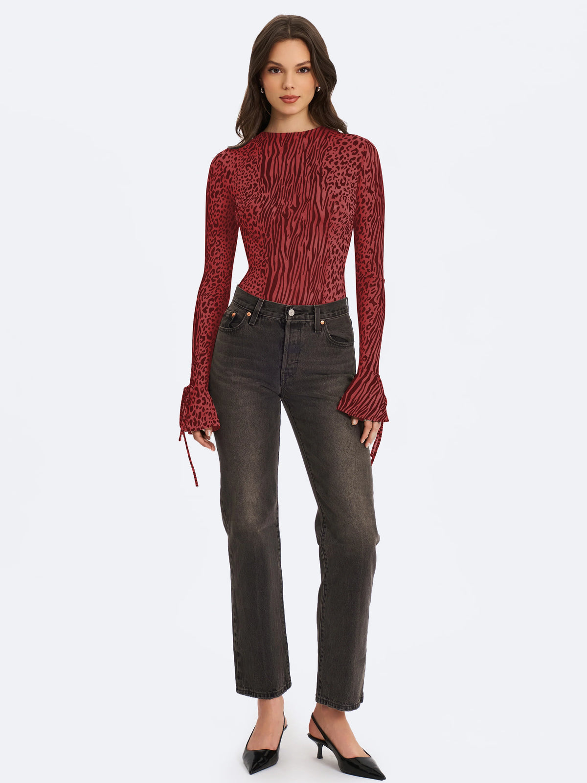 Ibera Burgundy Animal Print Burnout Velvet Long Sleeve Bodysuit