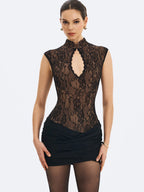 Valerie Black Lace Keyhole Ruched Mini Dress