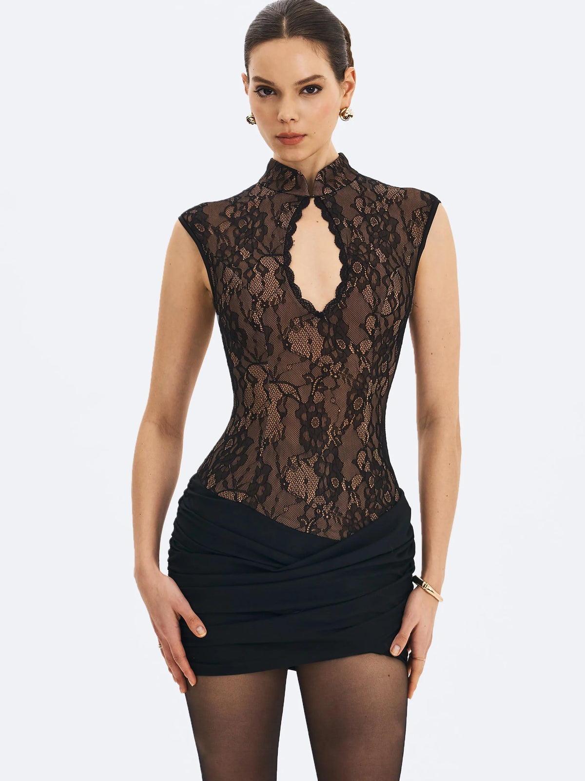 Valerie Black Lace Keyhole Ruched Mini Dress