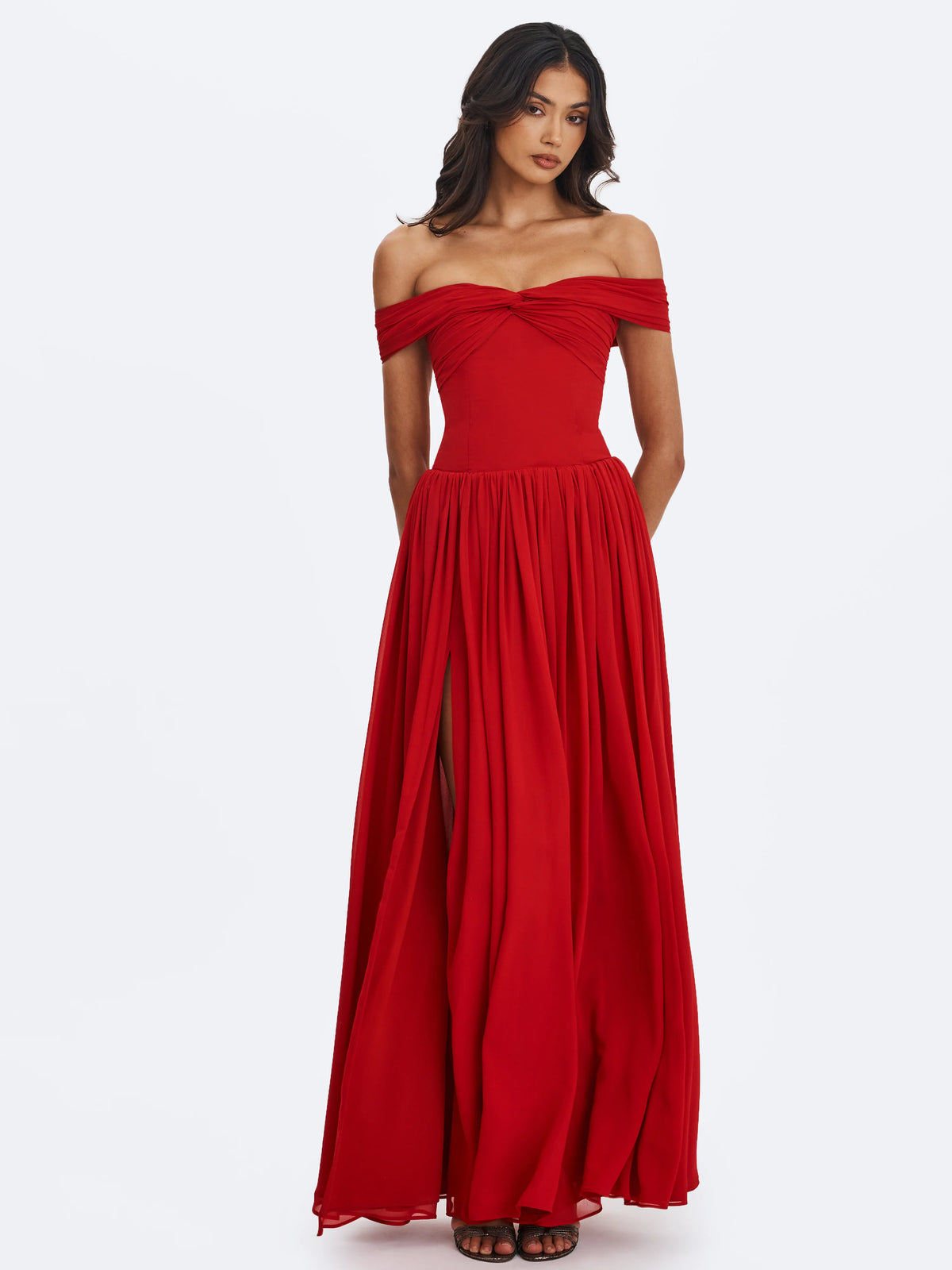 Tereza Crimson Georgette Bardot High Slit Maxi Dress