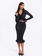 Hali Black Animal Print Burnout Velvet Fur Trim Top