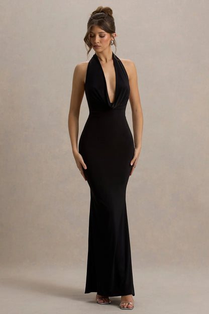 Milani Black Backless Cowl Neck Fishtail Maxi Dress