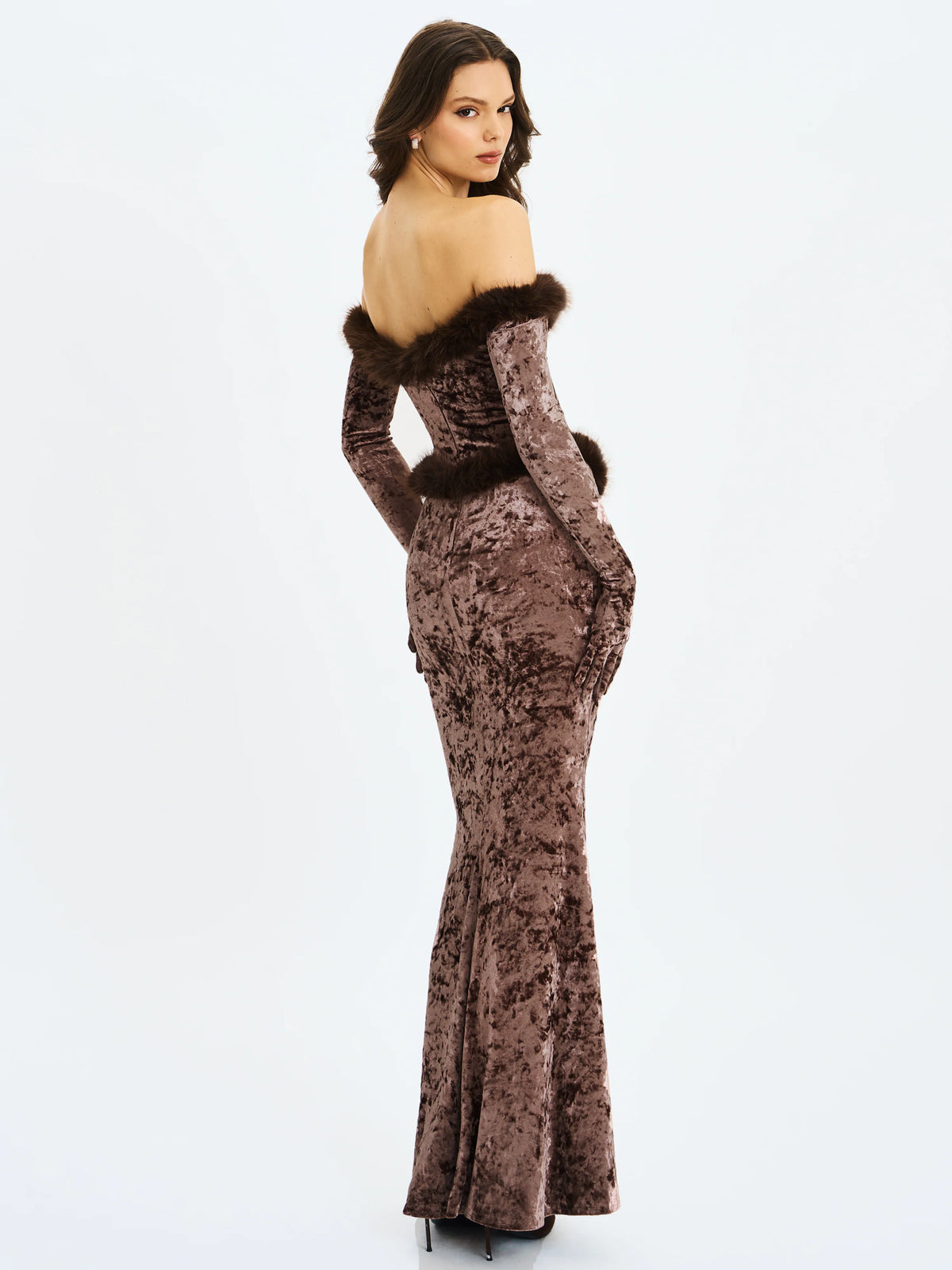 Tessa Coffee Sweetheart Bardot Faux Fur Velvet Mermaid Maxi Dress