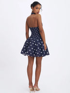 Yamina Navy Polka Dot Ramie Crossover Halter Gathered Mini Dress