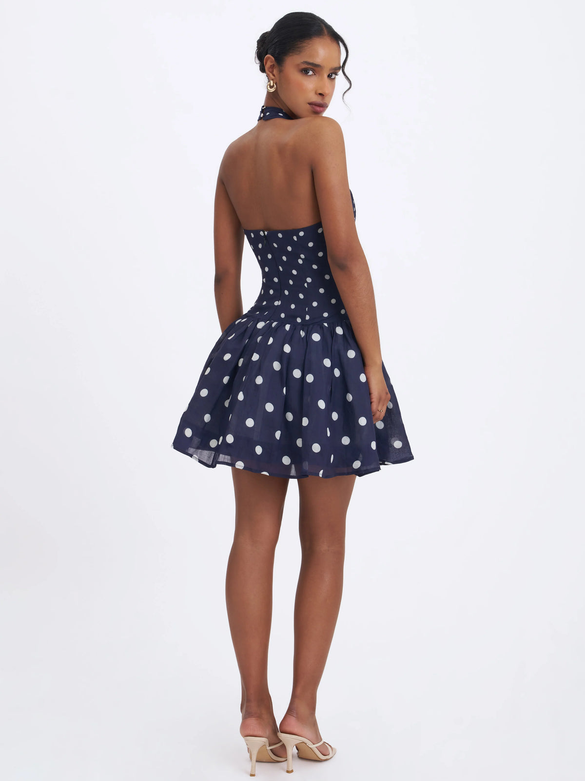 Yamina Navy Polka Dot Ramie Crossover Halter Gathered Mini Dress