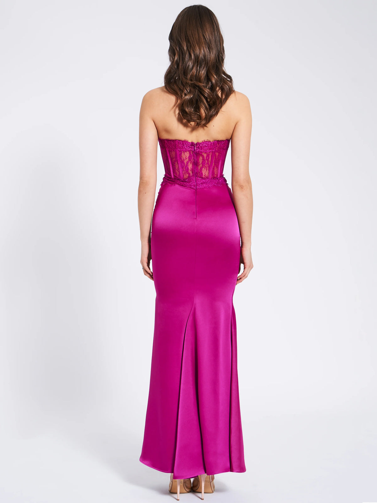 Everleigh Fuchsia Lace Satin Corset Maxi Dress Archive Sale