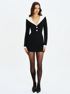Heather Black Collared Decorative Button Front Mini Dress