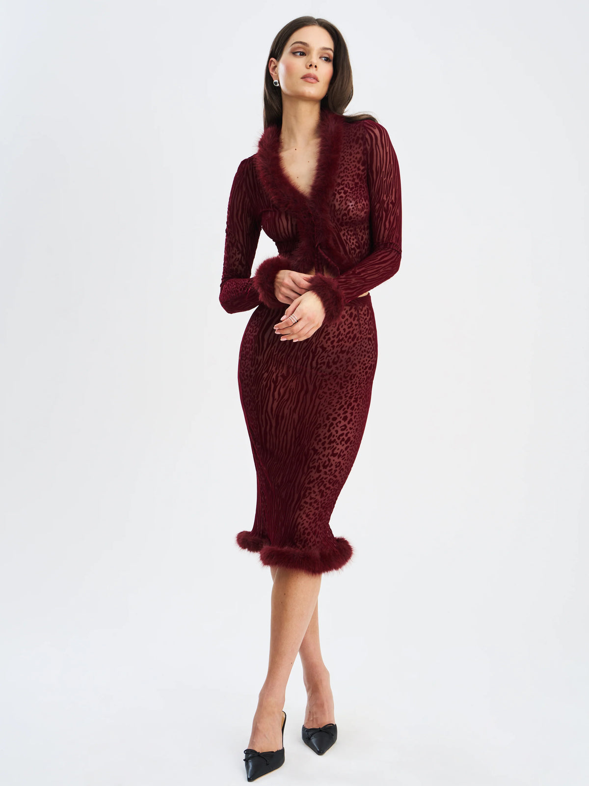 Halia Burgundy Animal Print Burnout Velvet Fur Trim Skirt