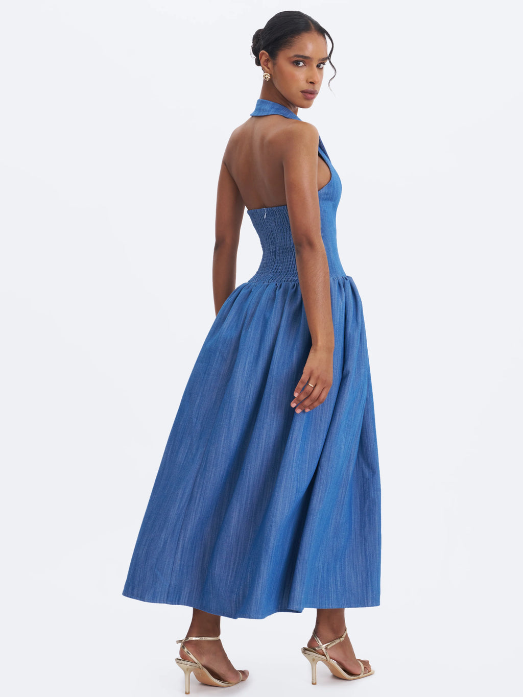 Xyan Navy Denim Lapel Halter A Line Midi Dress