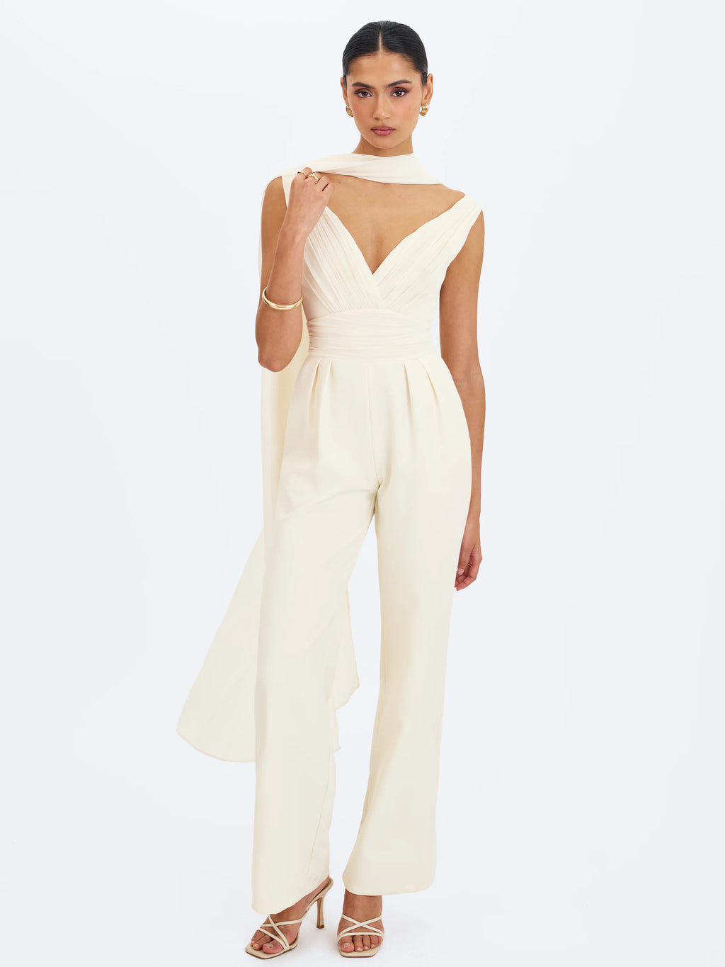 Harper Ivory Ruched V Neck Jumpsuit with Scarf
