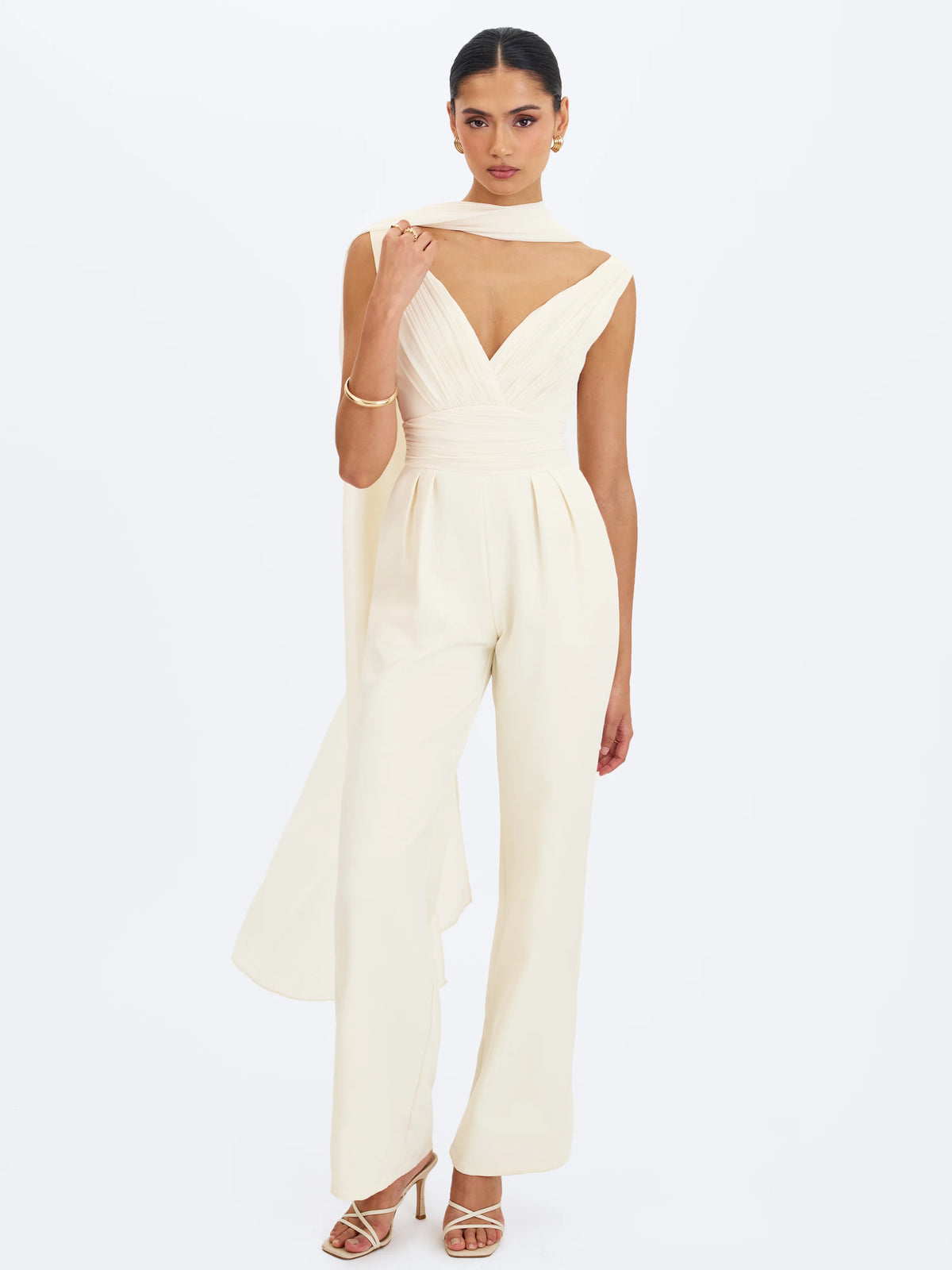 Harper Ivory Ruched V Neck Jumpsuit with Scarf