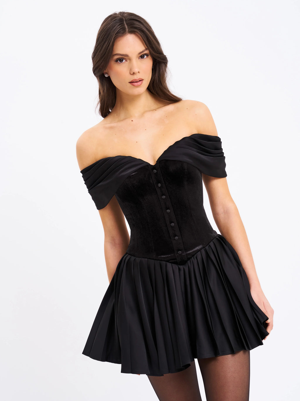 Echo Black Velvet Off shoulder Pleated Mini Dress