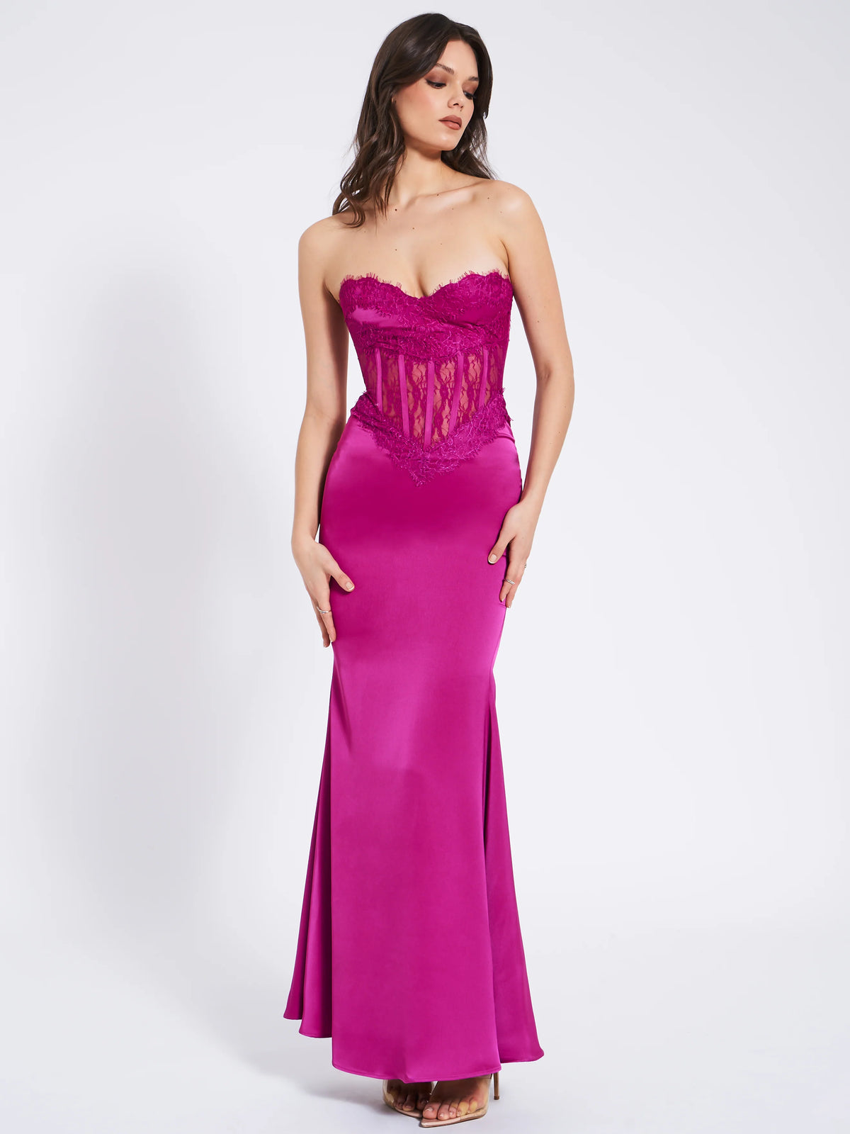 Everleigh Fuchsia Lace Satin Corset Maxi Dress Archive Sale