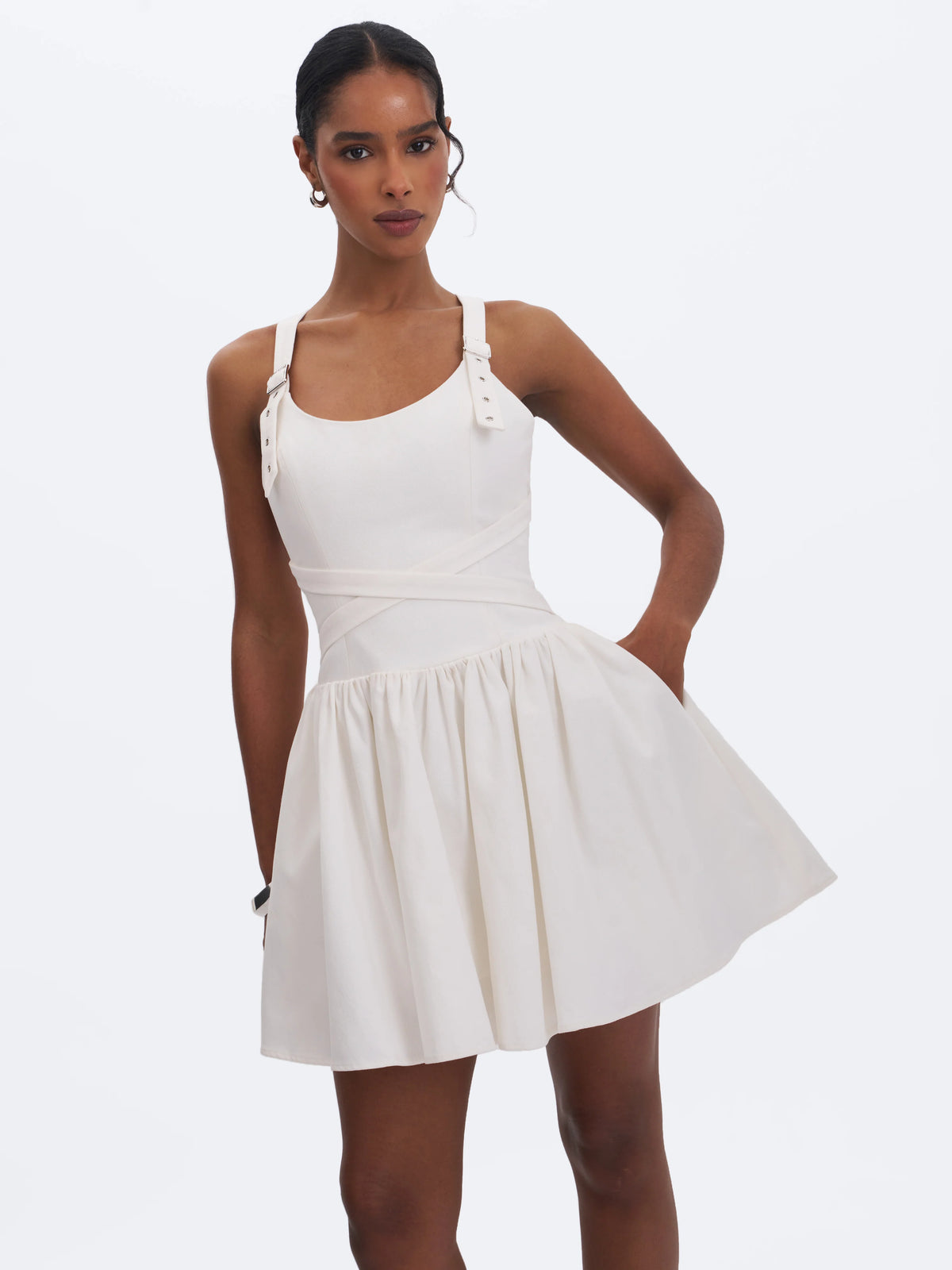 Francine White Cotton Denim Crossover Strap Mini Dress
