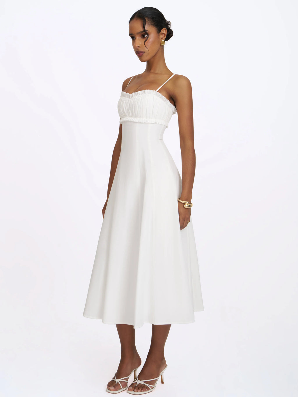 Vicenta White Cotton Poplin Ruched Midi Dress