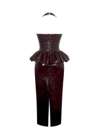 Jaslene Mahogany Ruched Peplum Plunge Halter Midi Dress