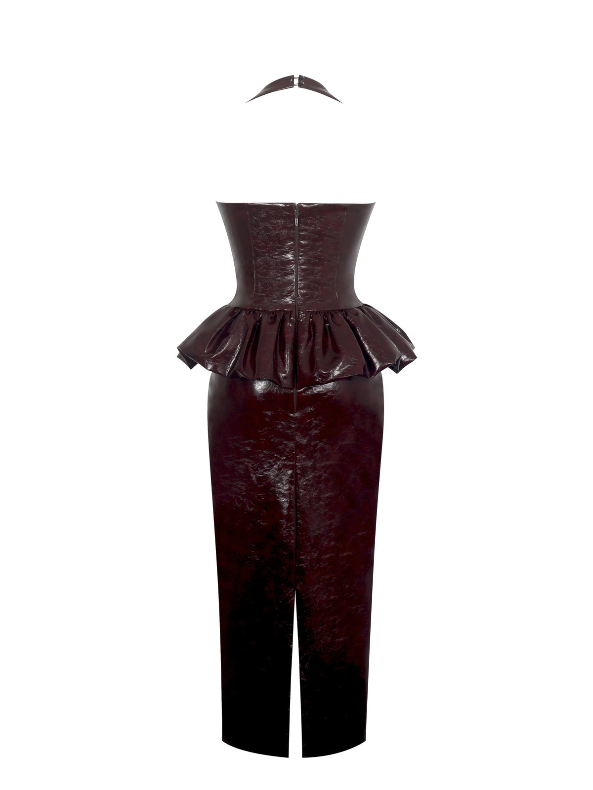 Jaslene Mahogany Ruched Peplum Plunge Halter Midi Dress