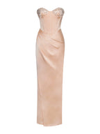 Amelia Blush Satin Corset Slit Gown With Crystal Embellished Archive Sale