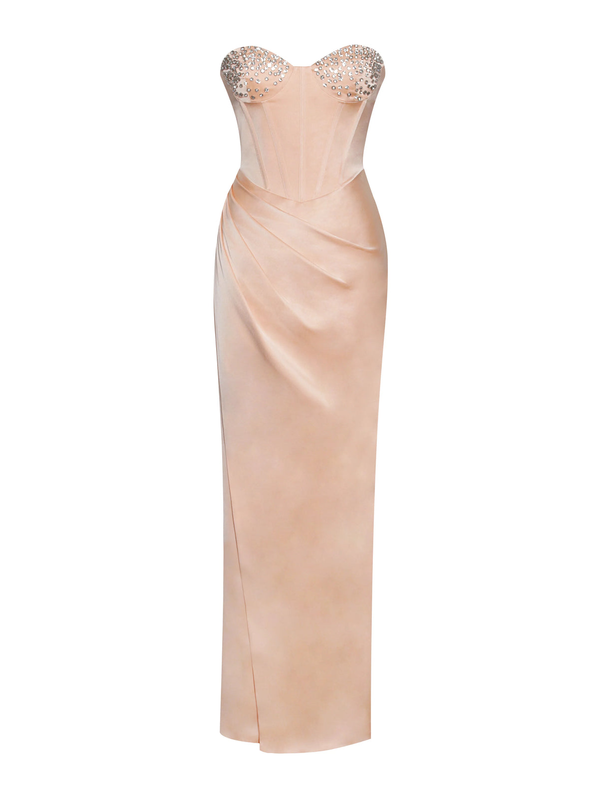 Amelia Blush Satin Corset Slit Gown With Crystal Embellished Archive Sale