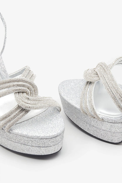 Doll Drama Silver Glitter Diamante Strappy Platform Heels