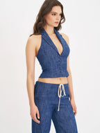 Rafaella Navy Cotton Denim Halter Lapel Top Archive Sale