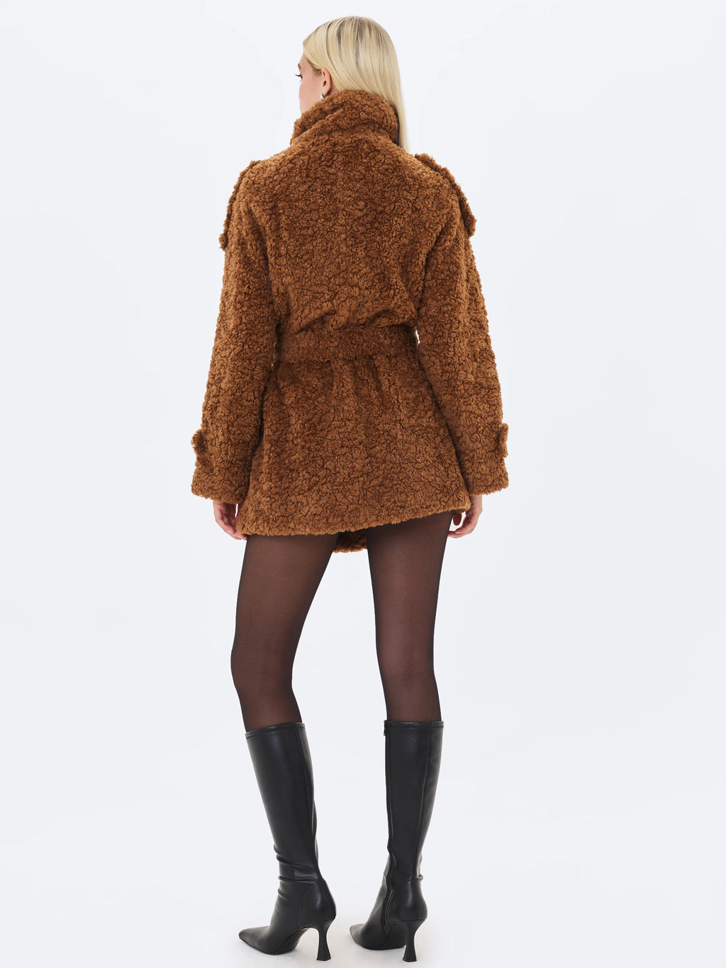 Marlow Chestnut Teddy Fur Funnel Collar Belted Mini Coat