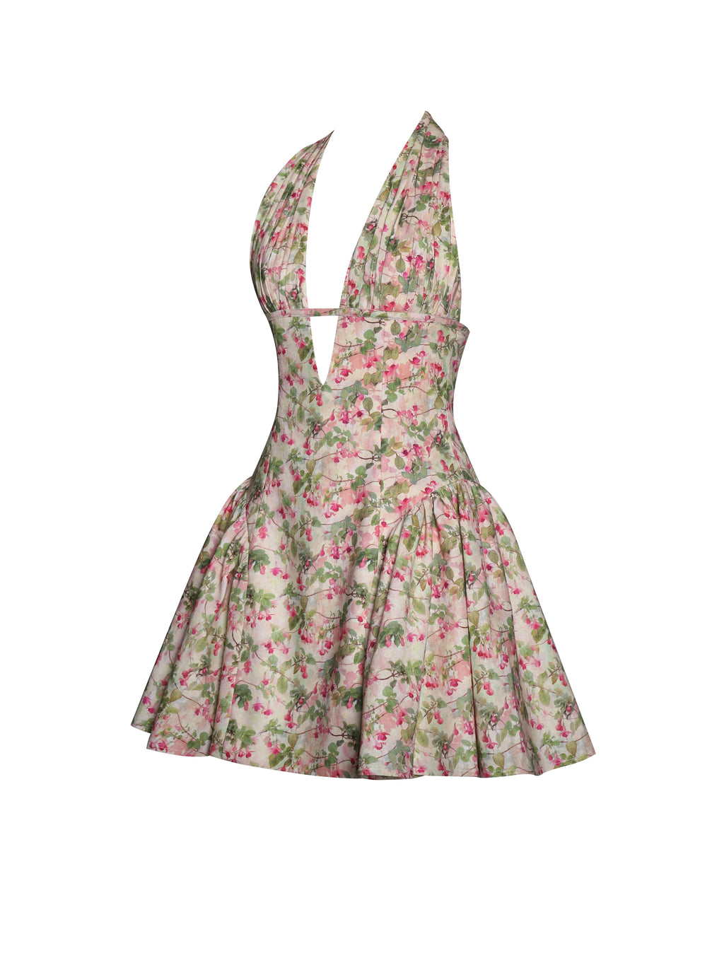 Mackenzie Green and Pink Floral Print Halter Linen Mini Dress