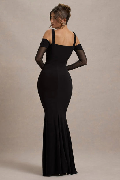 Milana Black Square Neck Draped Wrap Maxi Dress With Long Sleeves
