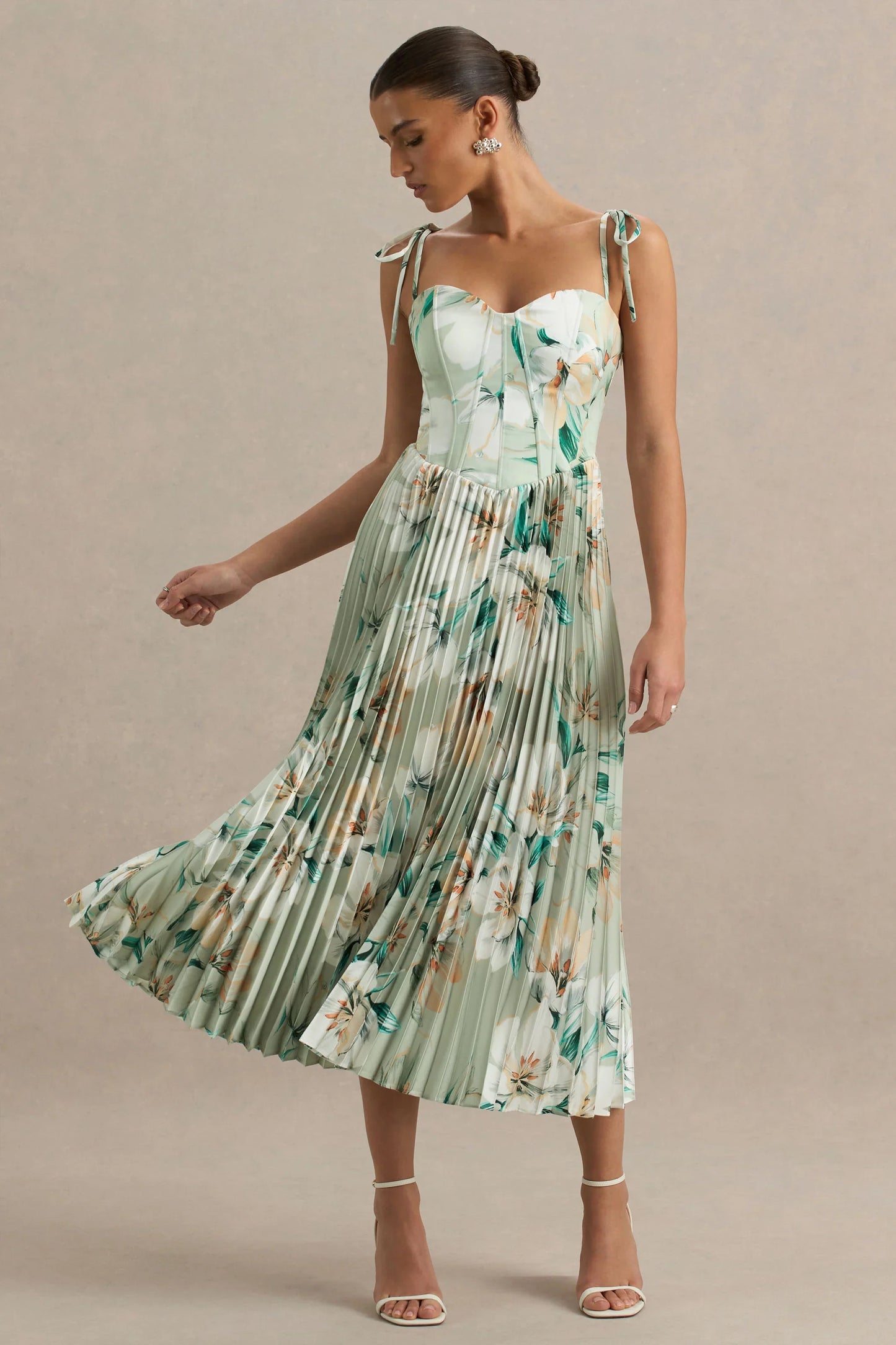 Peyton Green Floral Print Satin Sweetheart Neck Midi Dress With Pleated Details