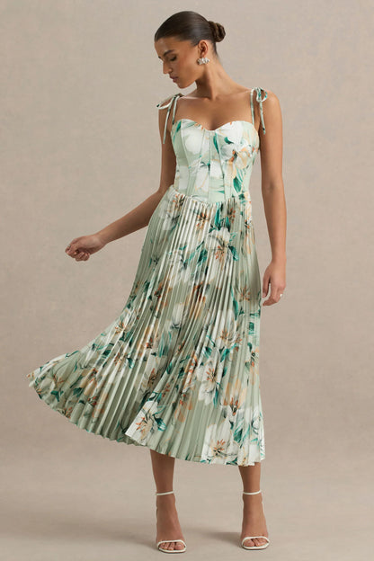 Peyton Green Floral Print Satin Sweetheart Neck Midi Dress With Pleated Details