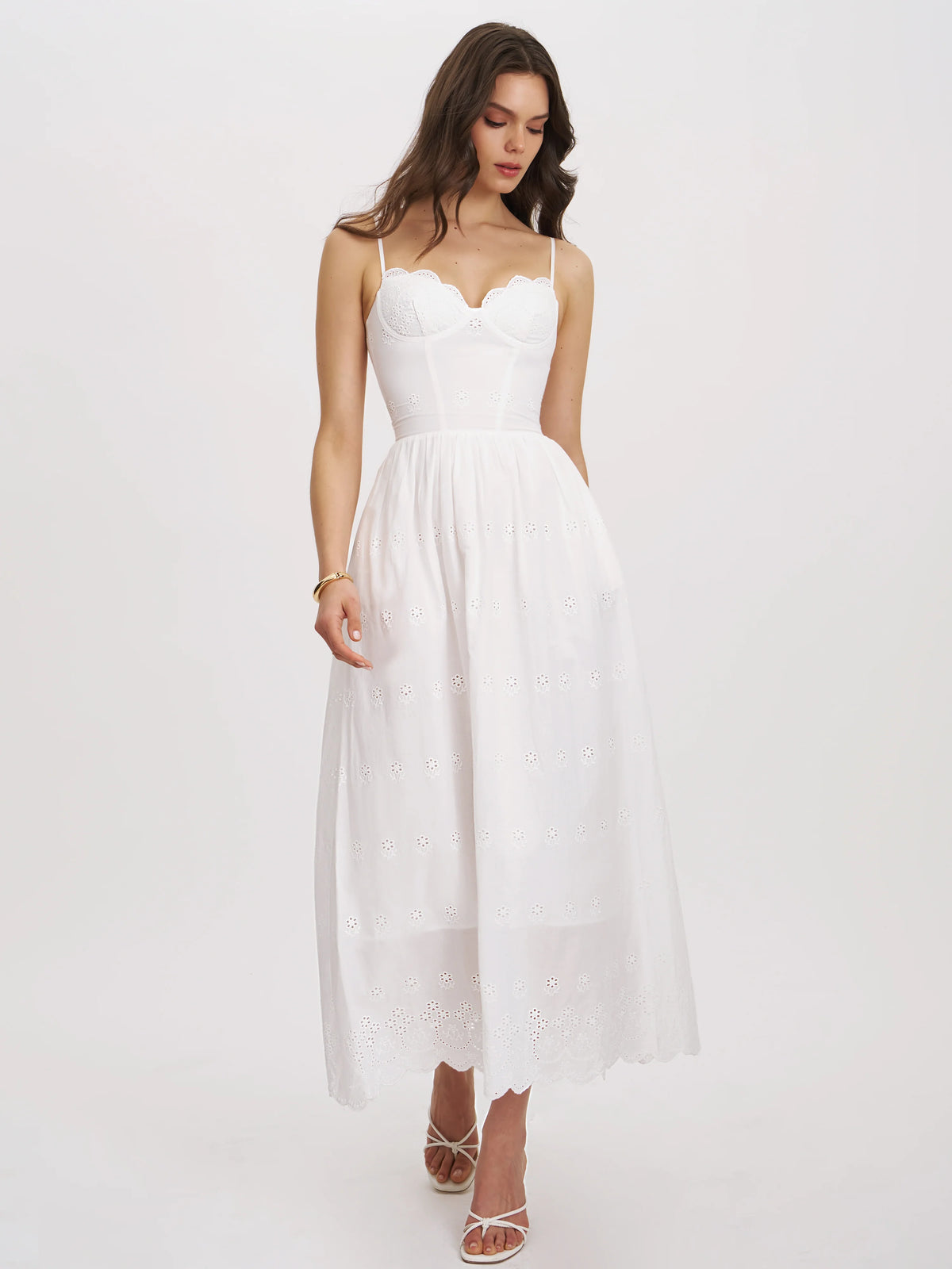 Oberon White Cotton Eyelet Lace Up Back Maxi Dress