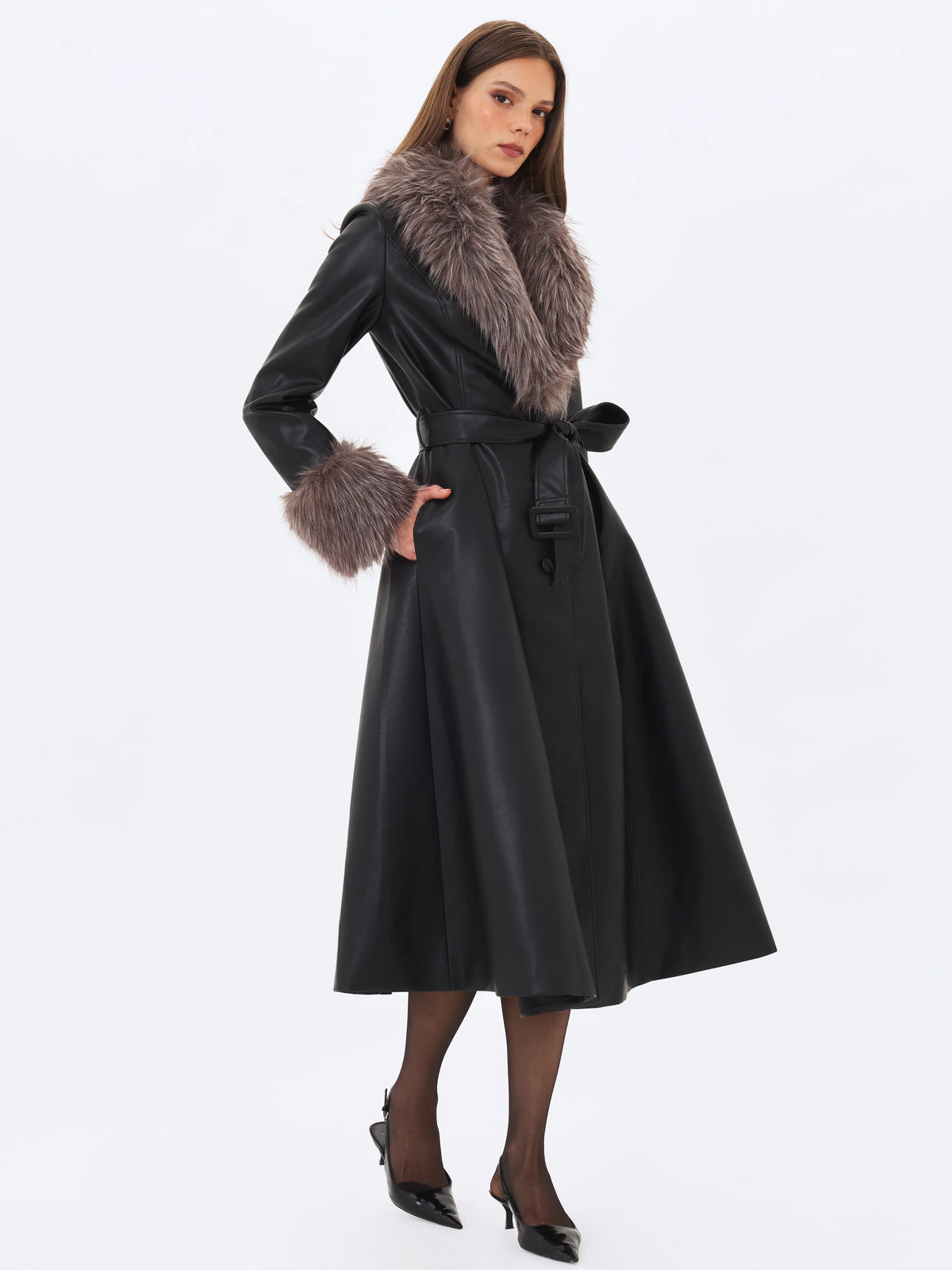Nico Black Faux Leather Fur Trimmed Belted A Line Midi Coat