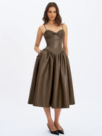 Parisia Cocoa Vegan Leather Drop Waist Midi Dress